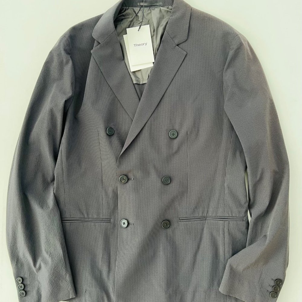 Theory  Clinton Double-Breasted Chrome Modern Check Blazer in Seer
